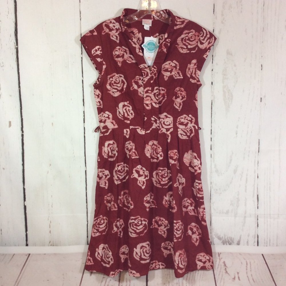 Global Mamas Retro Dress Handmade Ghana Fair Trade Organic Cotton‎ S Red Rose